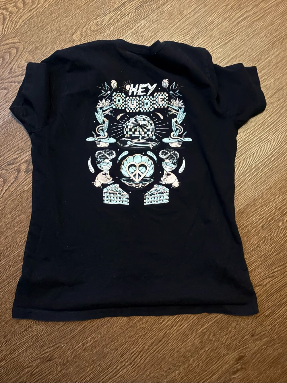 Hey Dude Black Tee with Mint and White Graphic